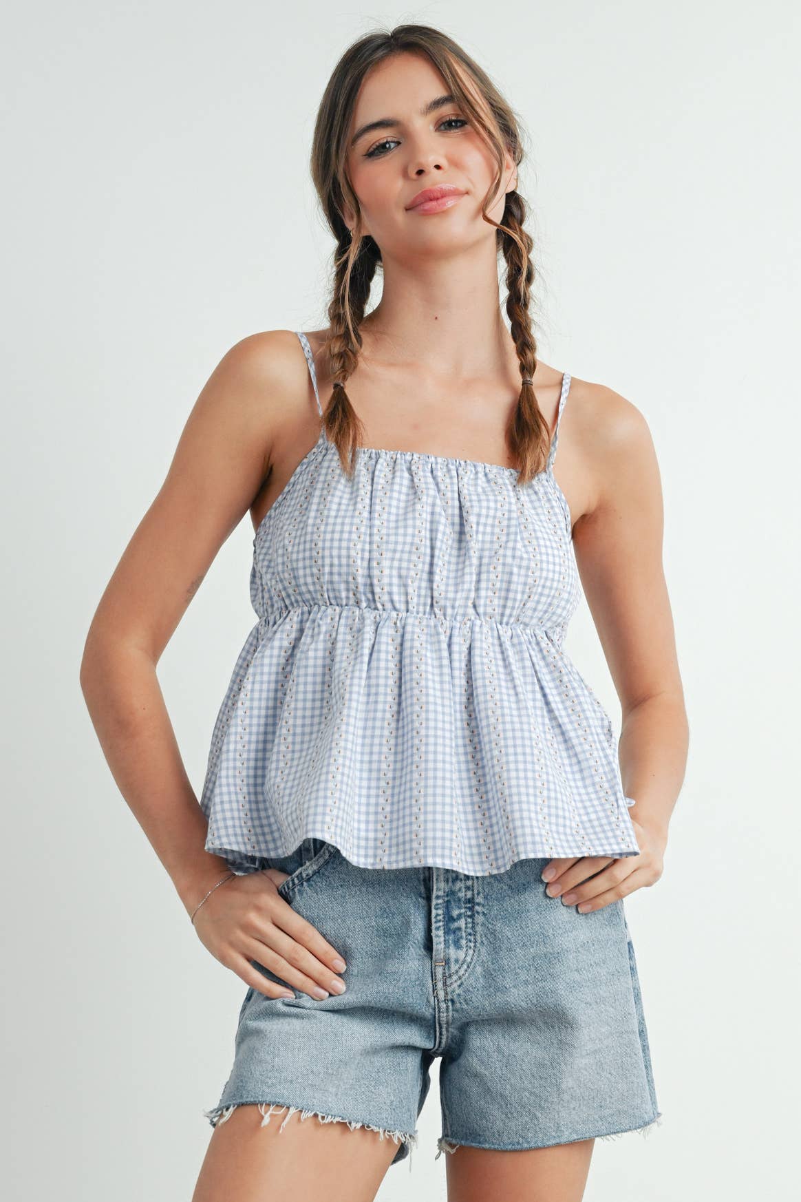 BUTTERMELON - Gingham Peplum Top - BMT7626: NAVY MULTI / M