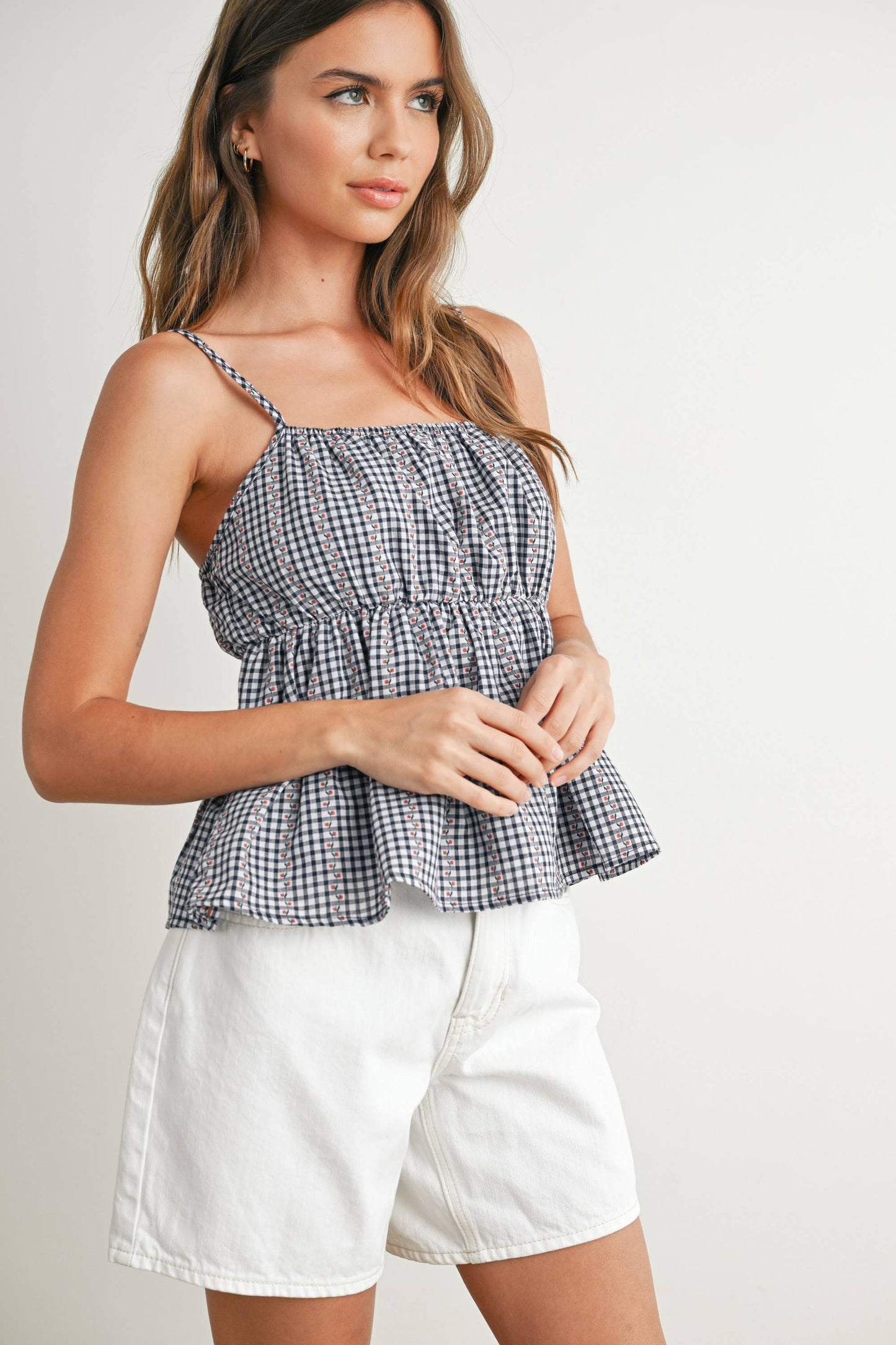 BUTTERMELON - Gingham Peplum Top - BMT7626: NAVY MULTI / M
