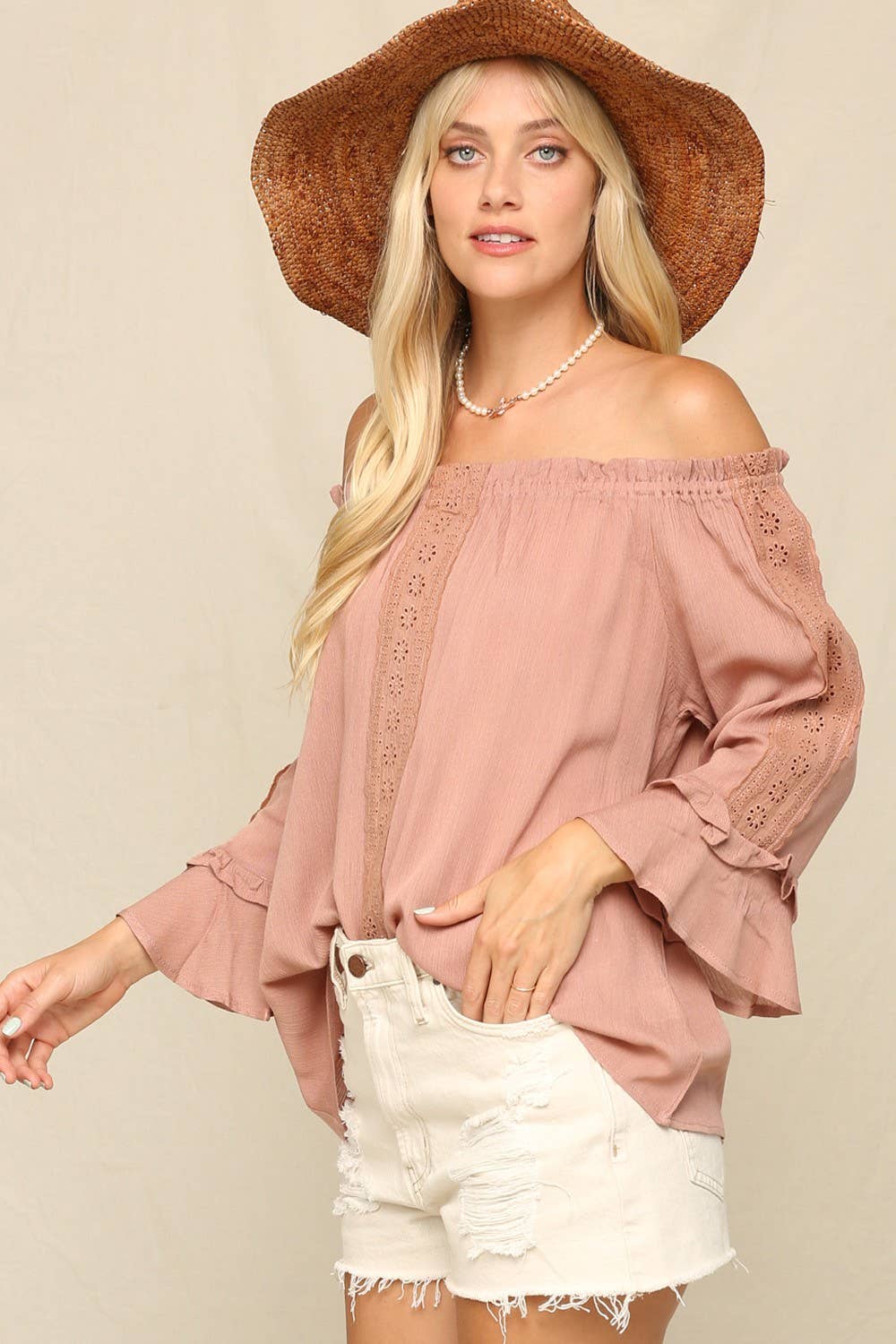 KyeMi - Lightweight Flowy Top With An Off Shoulder: Off White / S