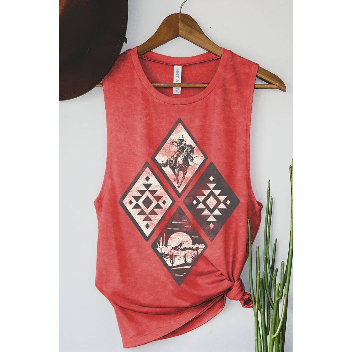 HRTandLUV - COWBOY AZTEC RODEO GRAPHIC TANK TOP: MINERAL SCARLETTE RED / L
