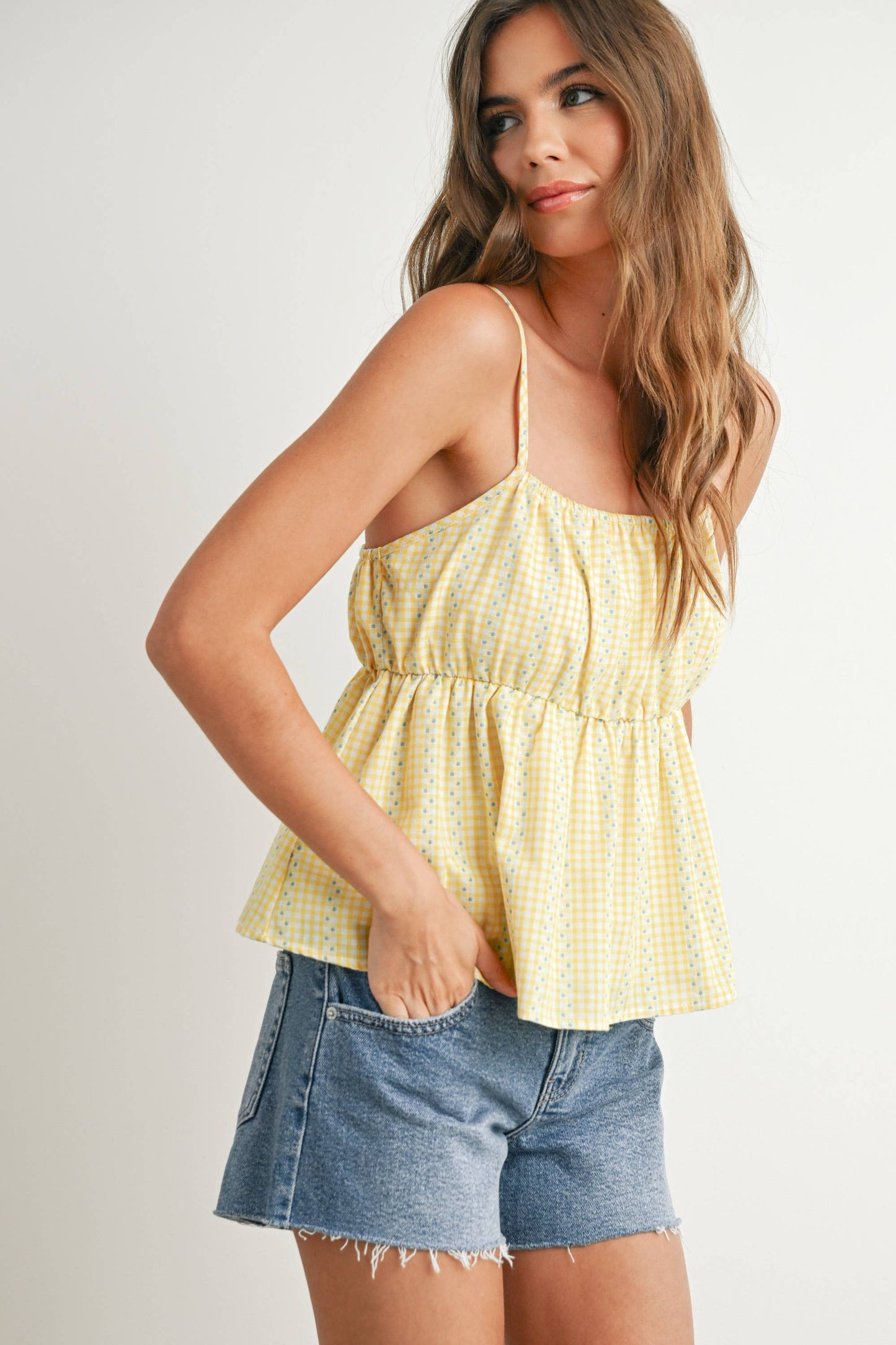 BUTTERMELON - Gingham Peplum Top - BMT7626: NAVY MULTI / M