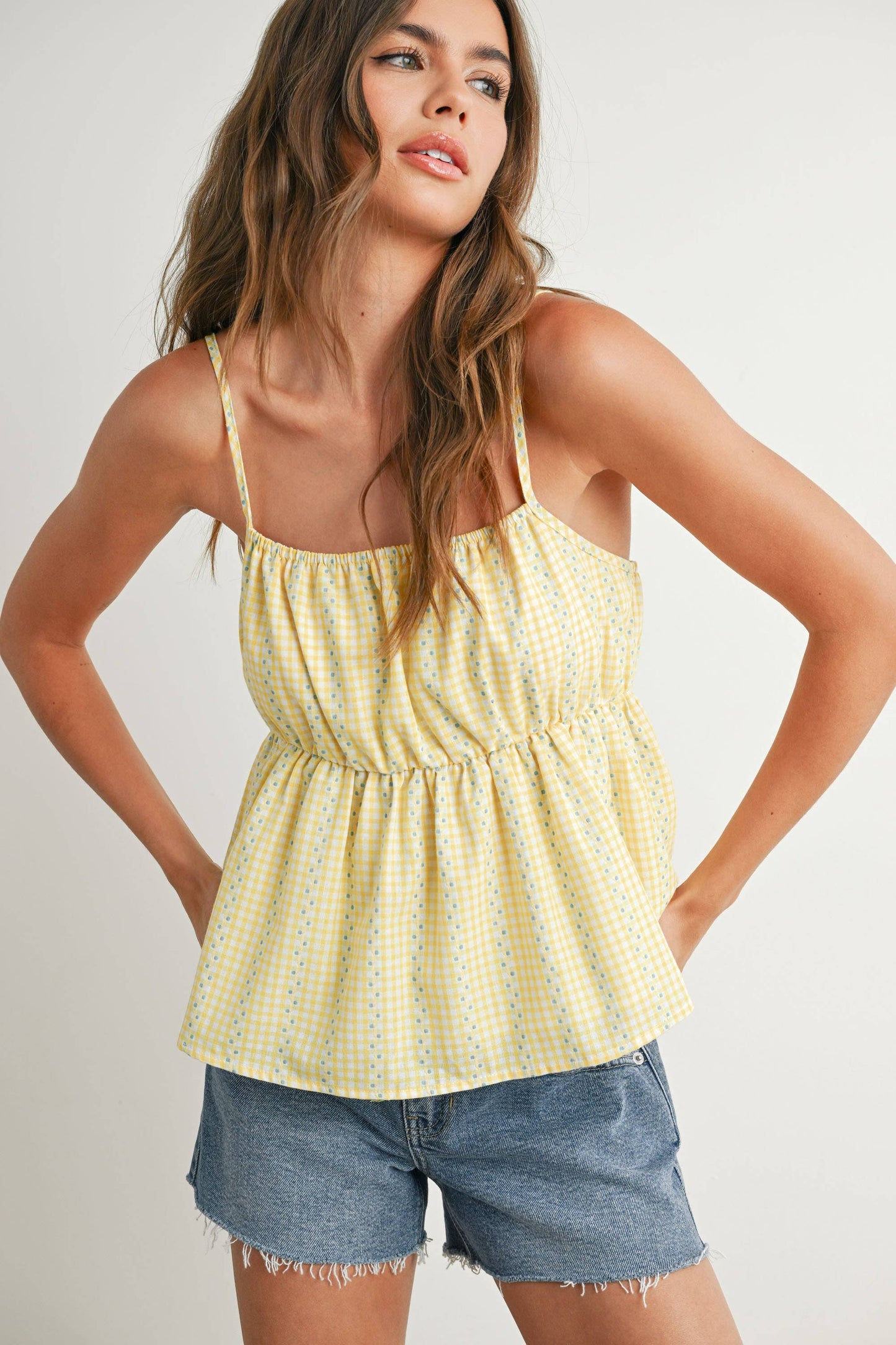 BUTTERMELON - Gingham Peplum Top - BMT7626: NAVY MULTI / M
