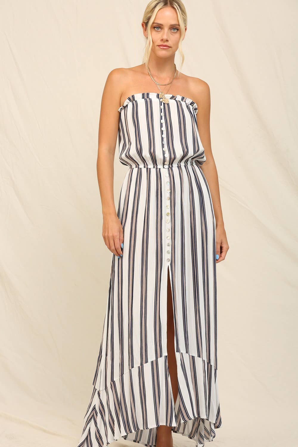 KyeMi - Summer 2025 Clean Vertical Stripes Maxi Dress: Off White / S