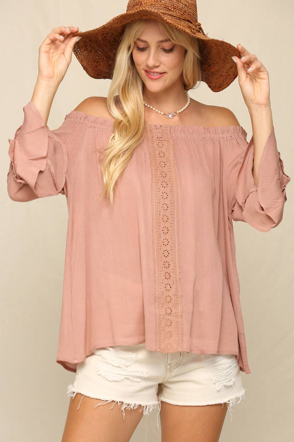 KyeMi - Lightweight Flowy Top With An Off Shoulder: Off White / S
