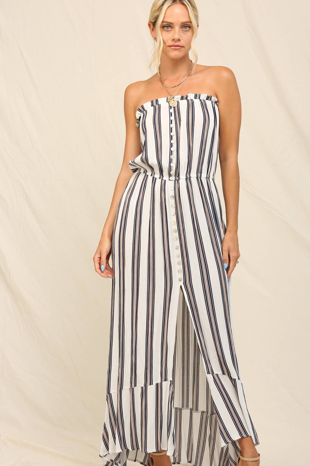 KyeMi - Summer 2025 Clean Vertical Stripes Maxi Dress: Off White / S