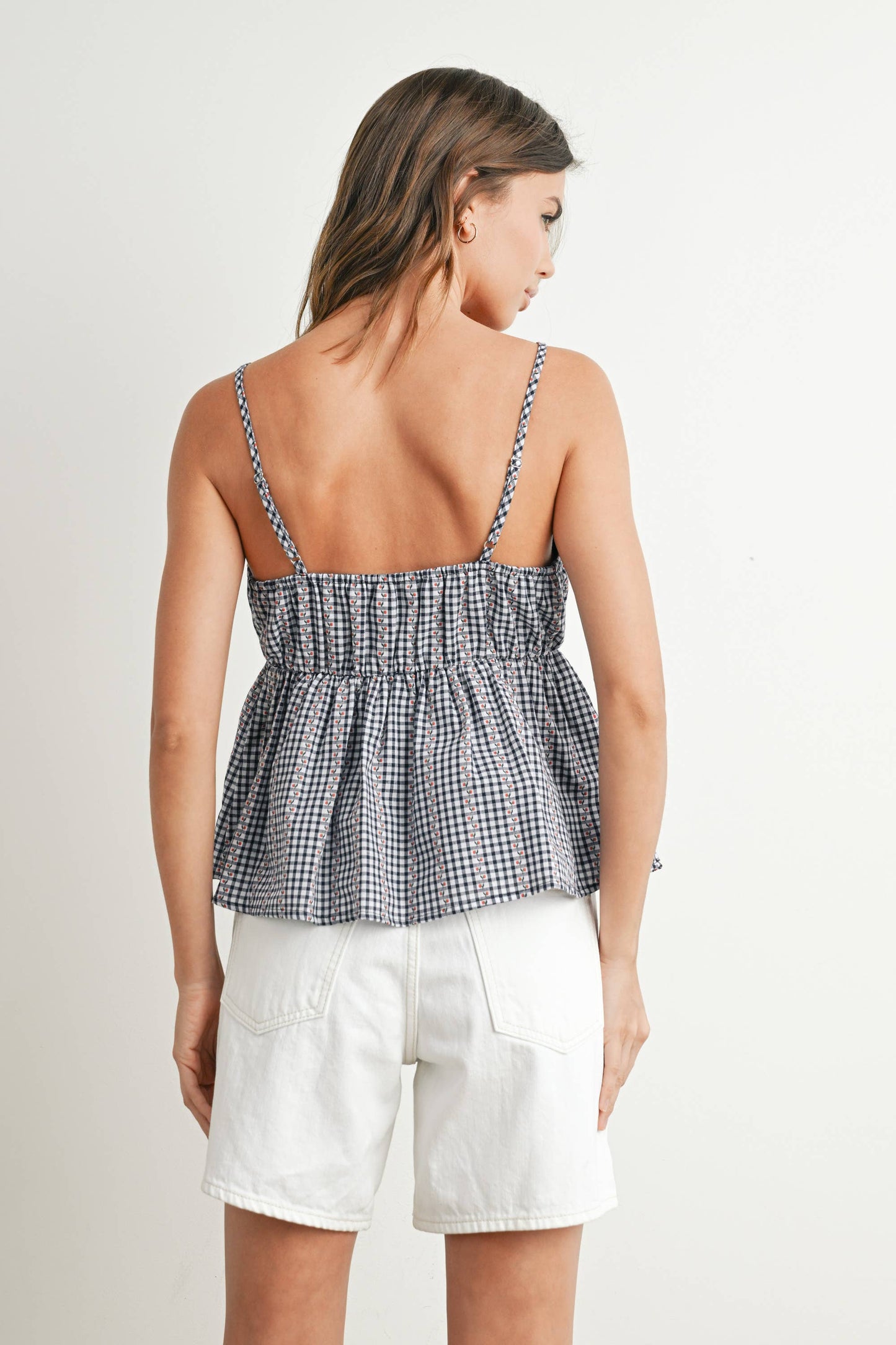 BUTTERMELON - Gingham Peplum Top - BMT7626: NAVY MULTI / M
