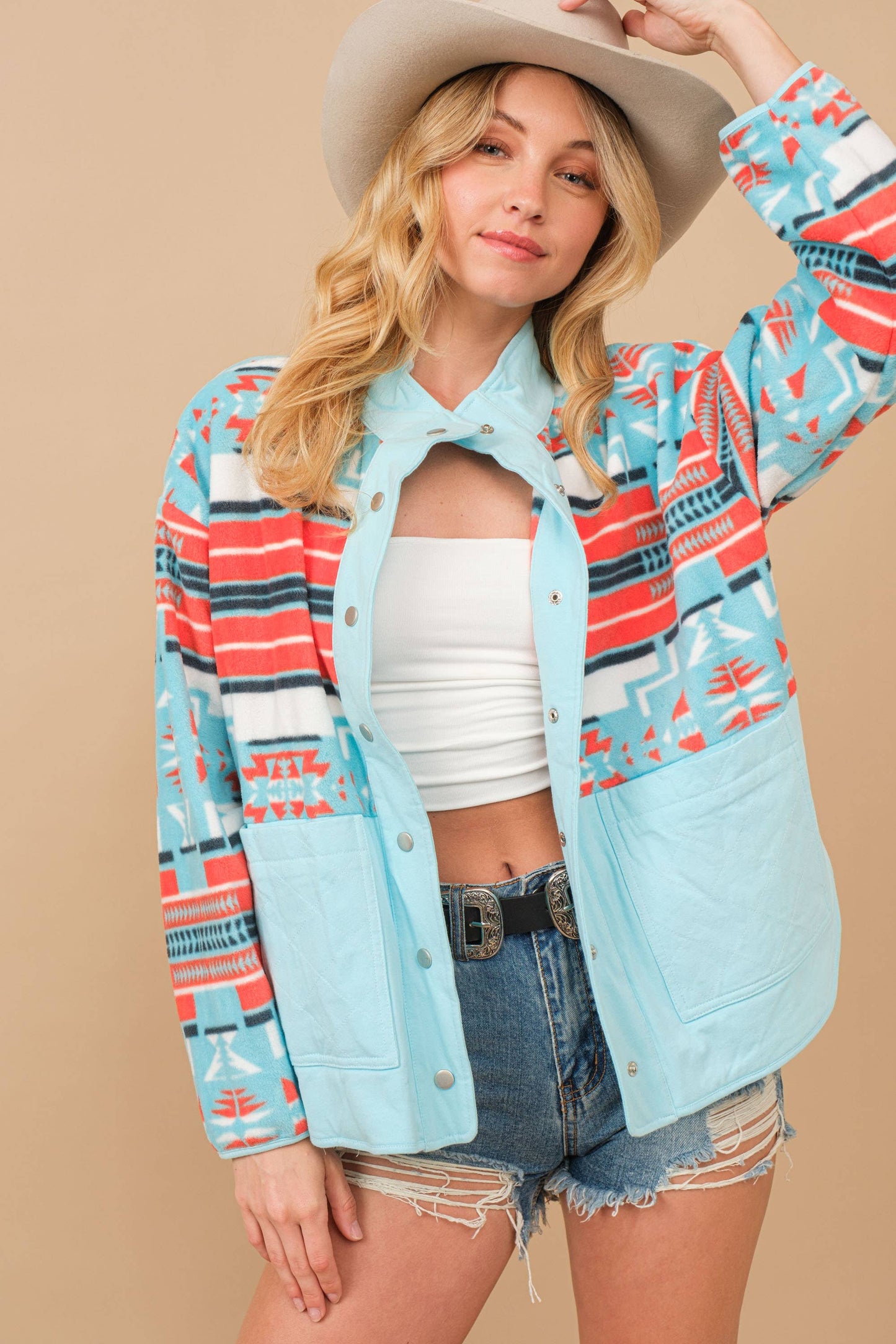 Blue B - 34348J - Blue B Aztec Exclusive Quilted Fleece Jacket: AQUA ORANGE / L