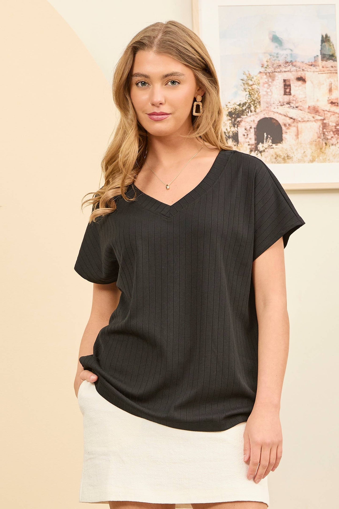 Andrée by Unit - Casual Thick Ribbed V Neck Top: IVORY / S