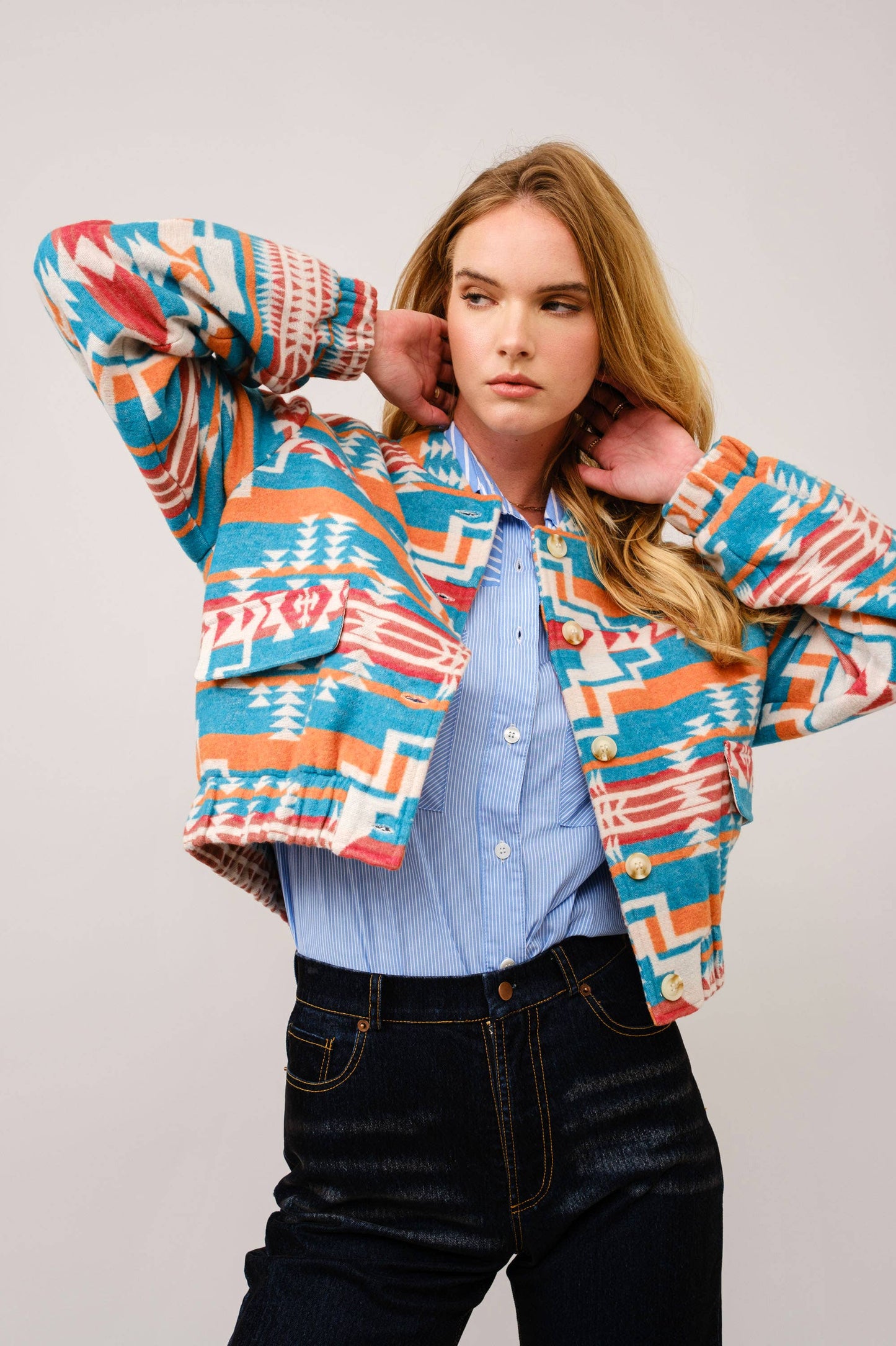 Blue B - 36333J - Jacquard Aztec Snap Up Bomber Jacket: TEAL / L