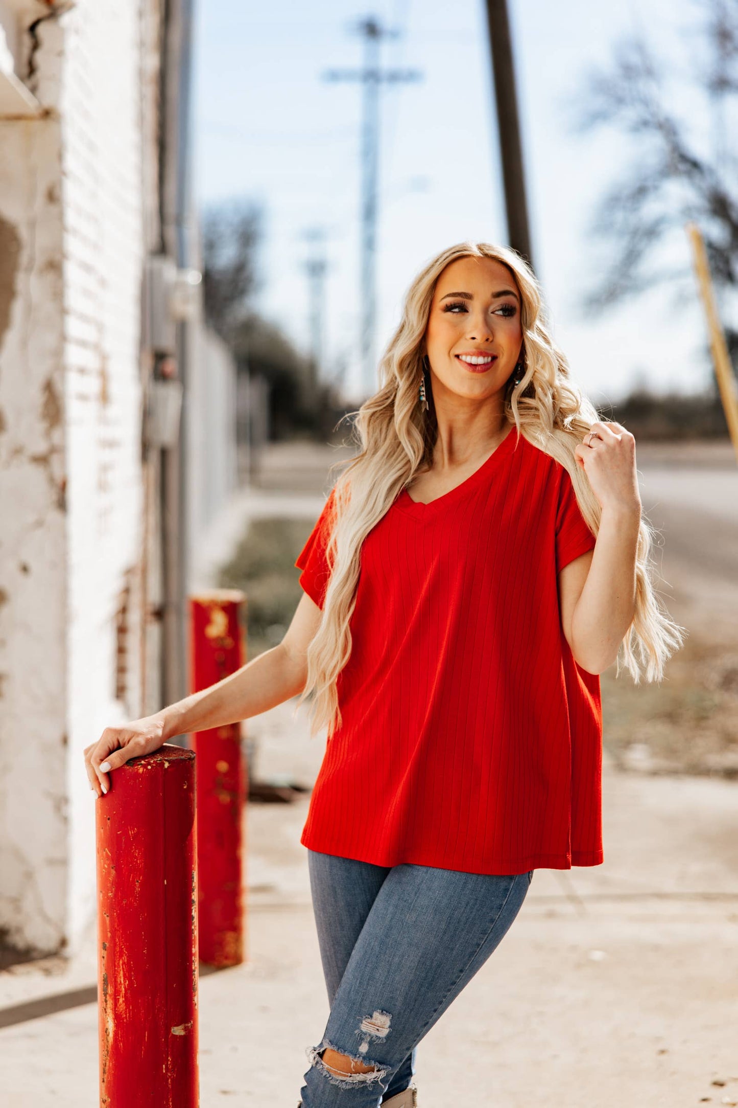 Andrée by Unit - Casual Thick Ribbed V Neck Top: SKY BLUE / S
