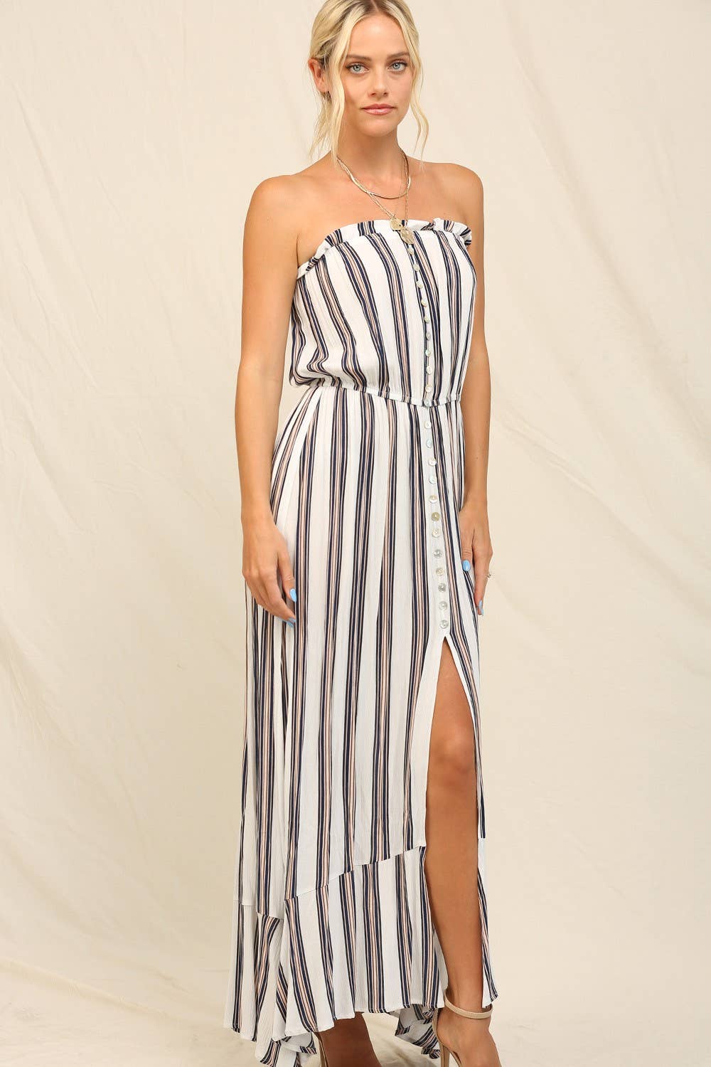 KyeMi - Summer 2025 Clean Vertical Stripes Maxi Dress: Off White / S
