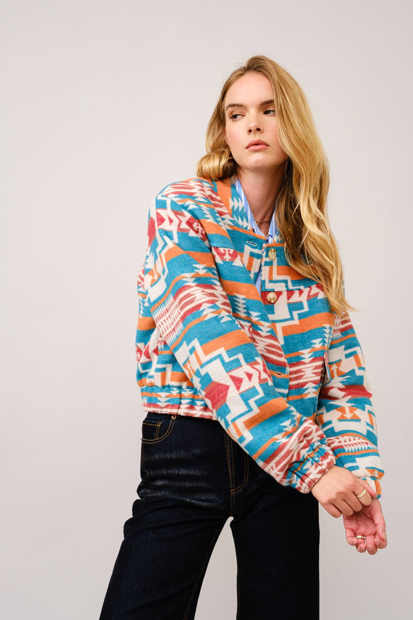 Blue B - 36333J - Jacquard Aztec Snap Up Bomber Jacket: TEAL / L