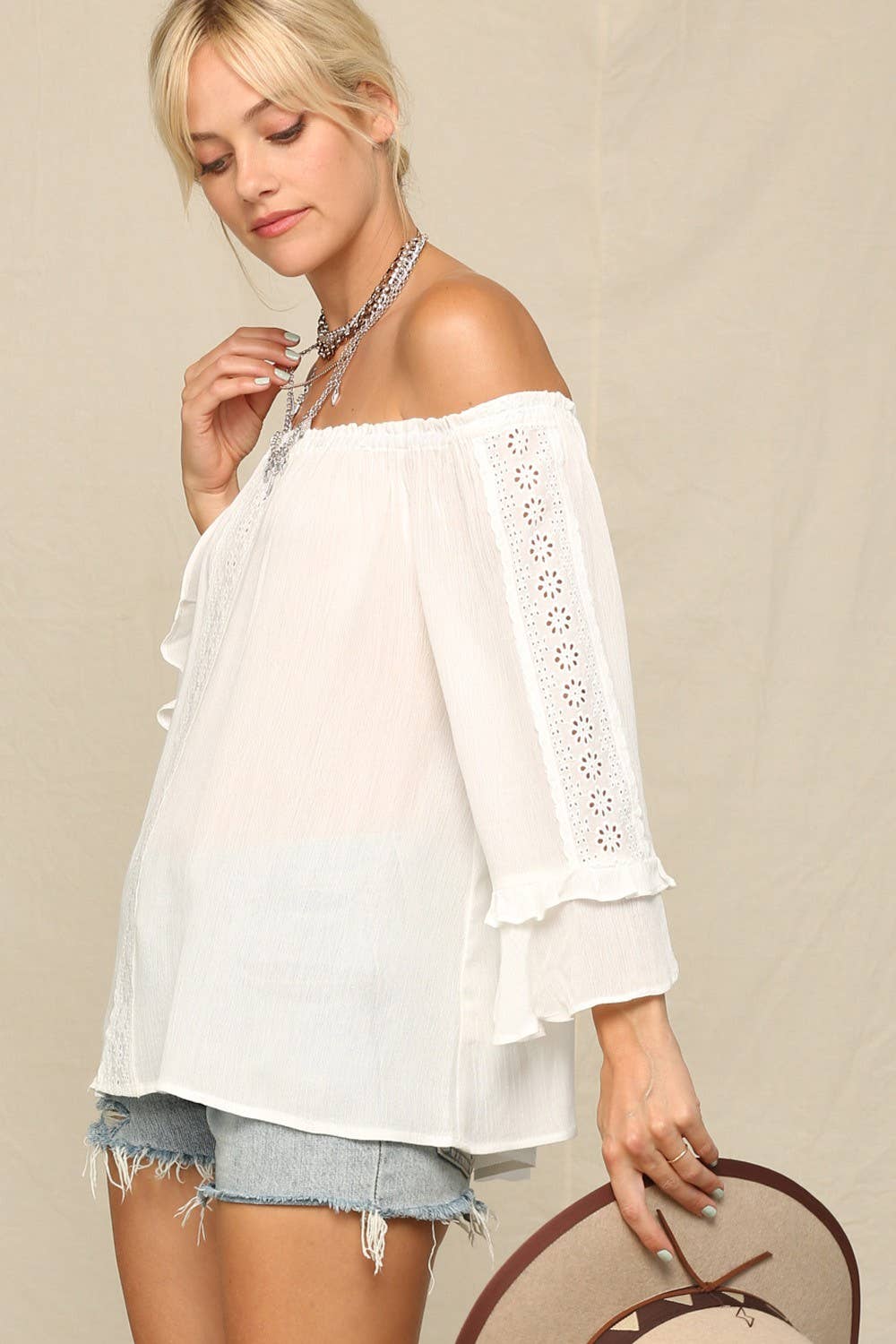 KyeMi - Lightweight Flowy Top With An Off Shoulder: Off White / S