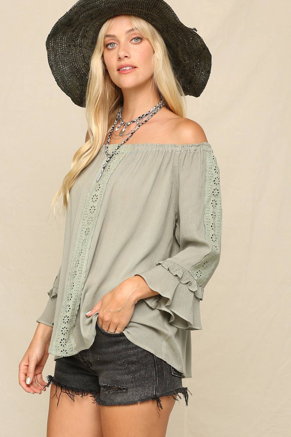 KyeMi - Lightweight Flowy Top With An Off Shoulder: Off White / S