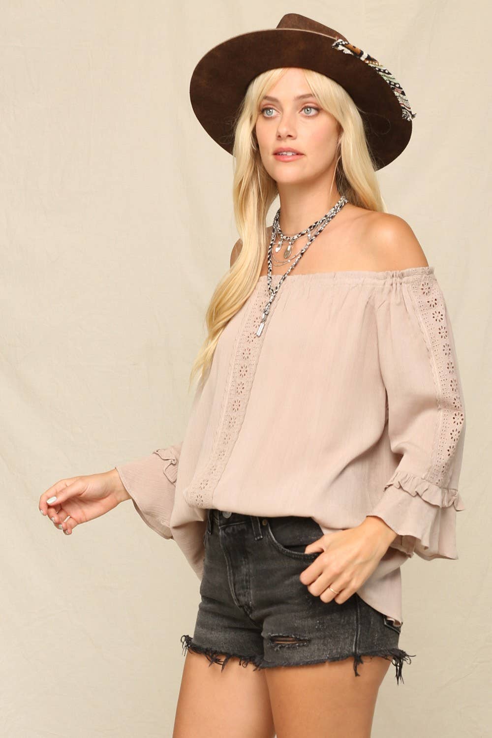 KyeMi - Lightweight Flowy Top With An Off Shoulder: Off White / S