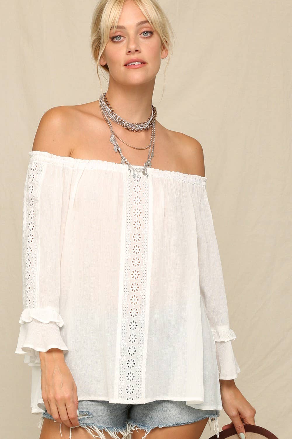 KyeMi - Lightweight Flowy Top With An Off Shoulder: Off White / S