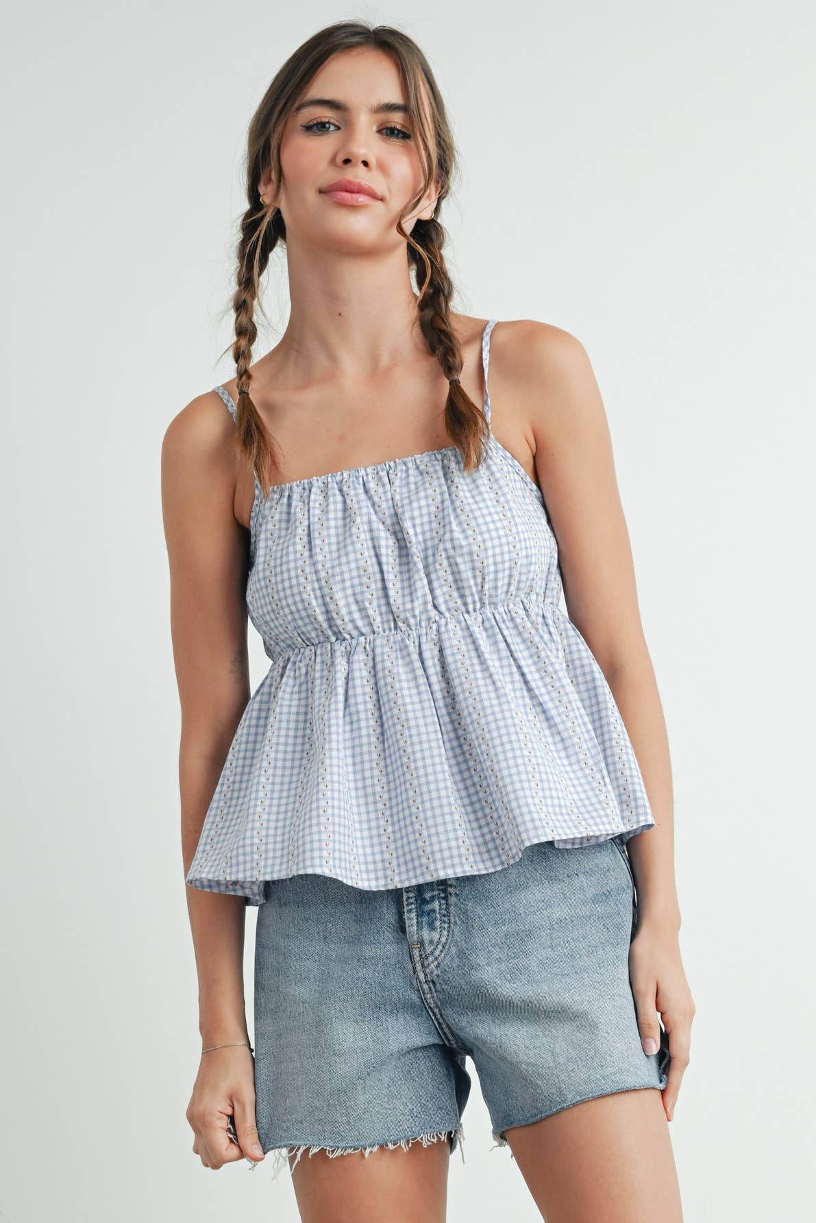 BUTTERMELON - Gingham Peplum Top - BMT7626: NAVY MULTI / M
