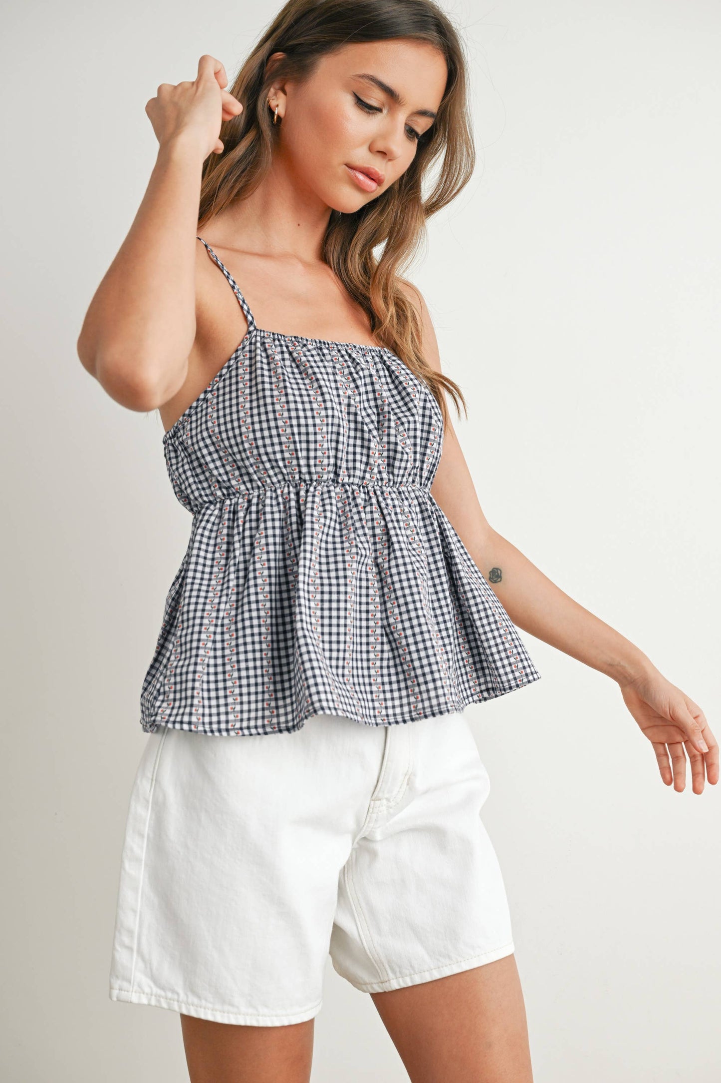 BUTTERMELON - Gingham Peplum Top - BMT7626: NAVY MULTI / M