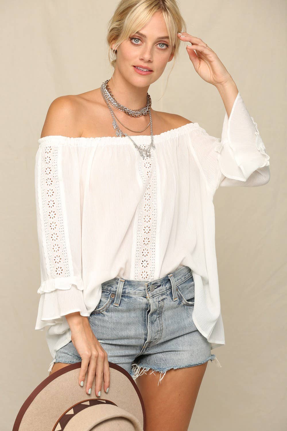 KyeMi - Lightweight Flowy Top With An Off Shoulder: Off White / S