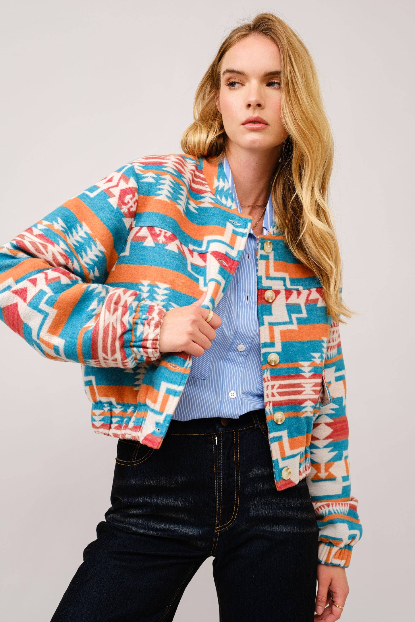 Blue B - 36333J - Jacquard Aztec Snap Up Bomber Jacket: TEAL / L