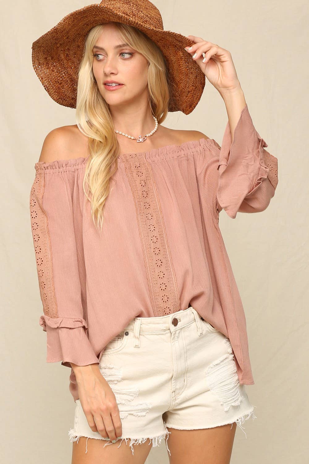 KyeMi - Lightweight Flowy Top With An Off Shoulder: Off White / S