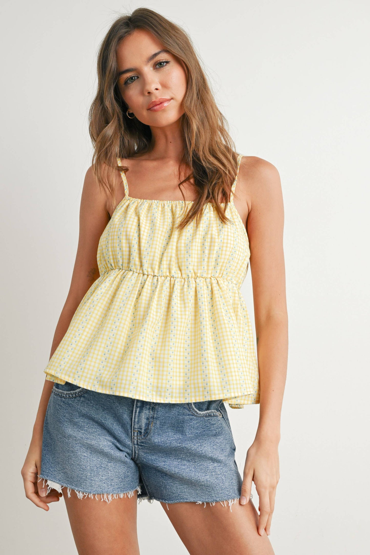 BUTTERMELON - Gingham Peplum Top - BMT7626: NAVY MULTI / M