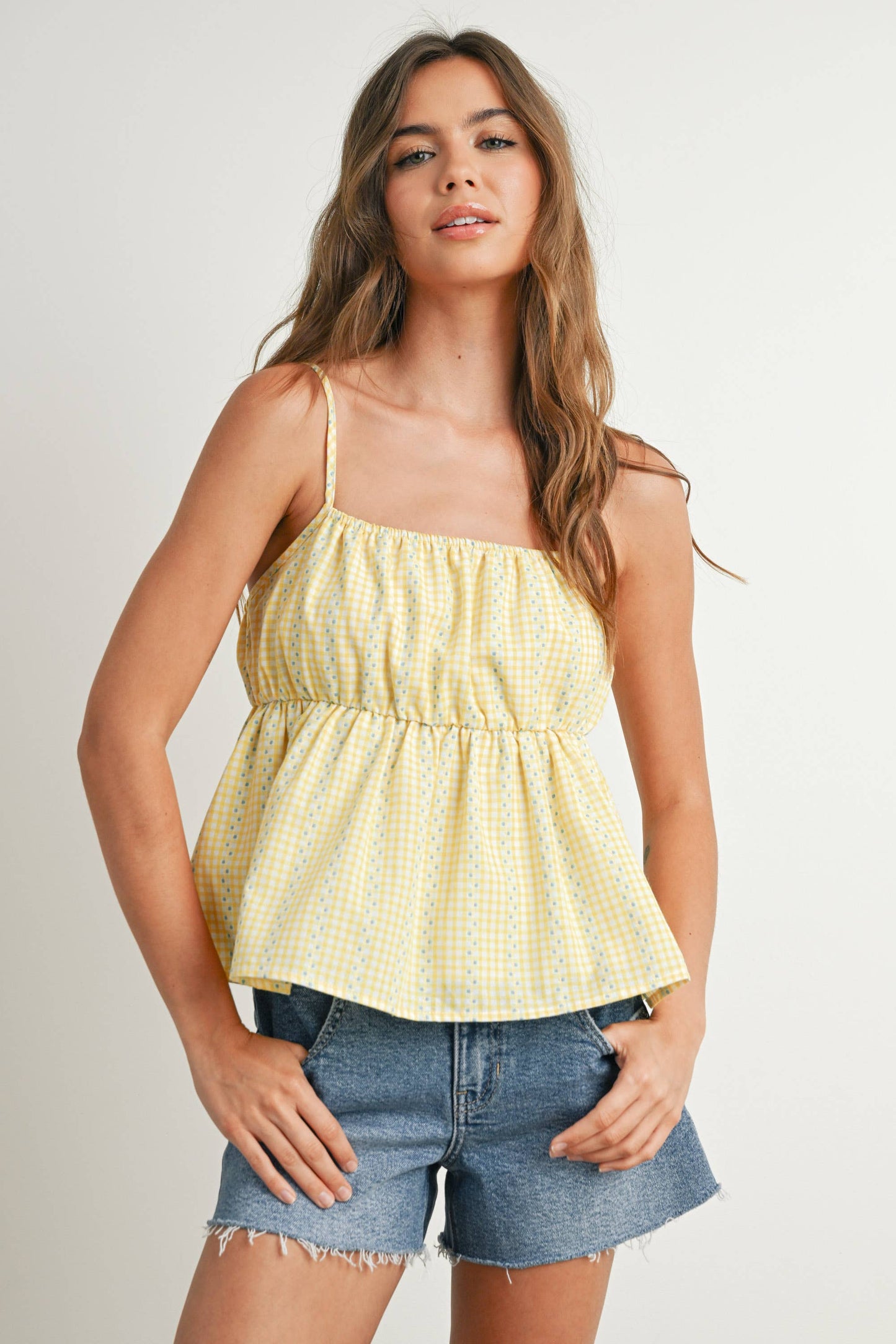 BUTTERMELON - Gingham Peplum Top - BMT7626: NAVY MULTI / M