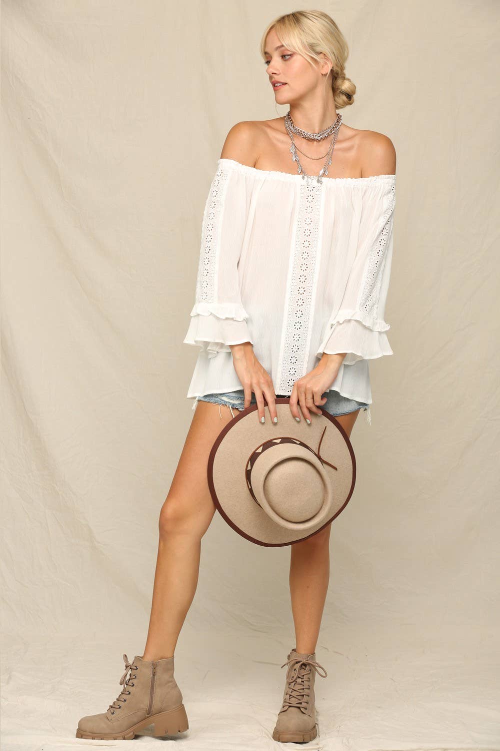 KyeMi - Lightweight Flowy Top With An Off Shoulder: Off White / S