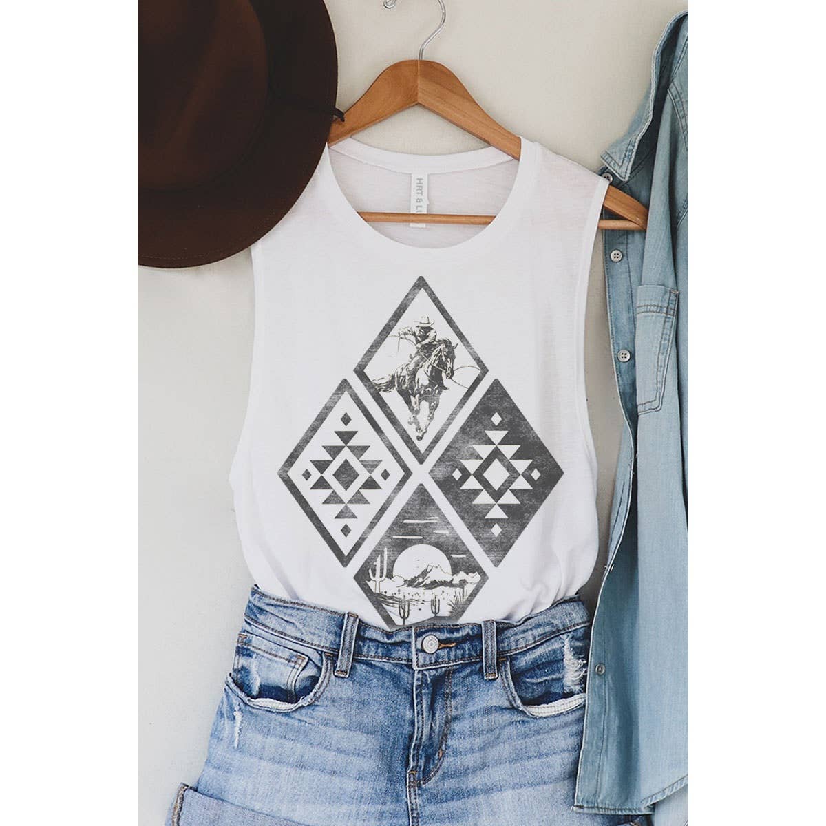 HRTandLUV - COWBOY AZTEC RODEO GRAPHIC TANK TOP: MINERAL SCARLETTE RED / L