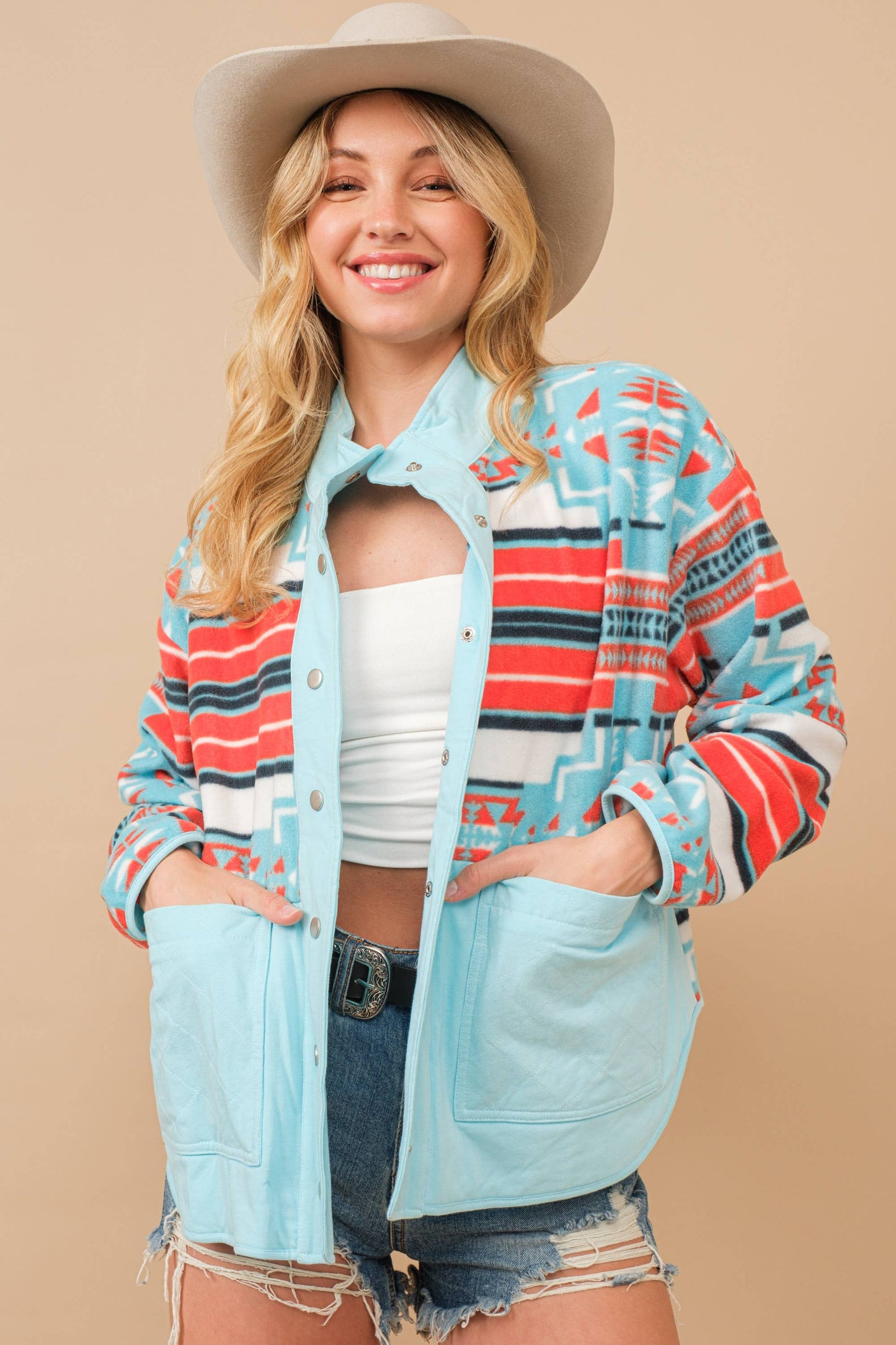 Blue B - 34348J - Blue B Aztec Exclusive Quilted Fleece Jacket: AQUA ORANGE / L