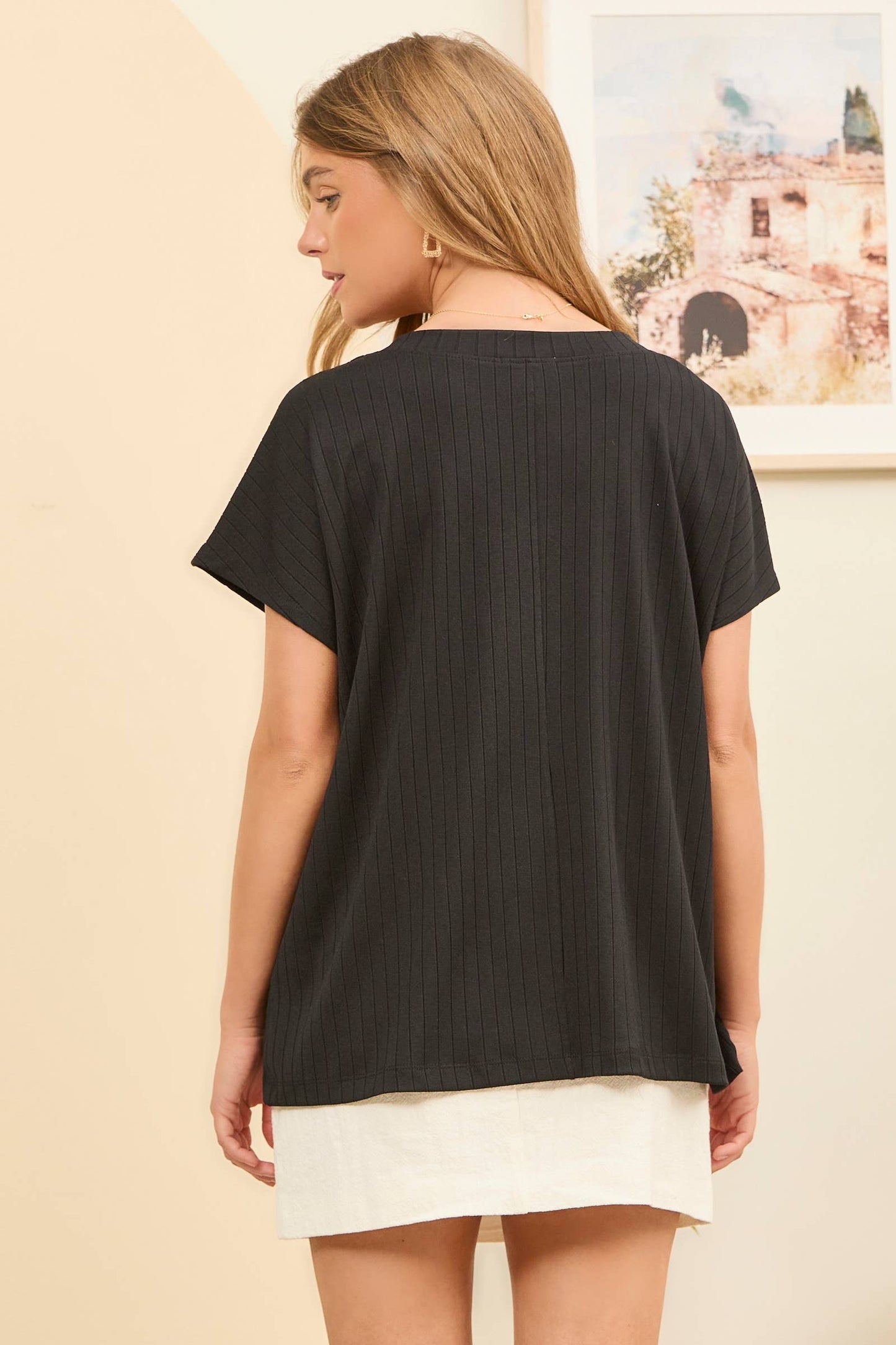 Andrée by Unit - Casual Thick Ribbed V Neck Top: IVORY / S