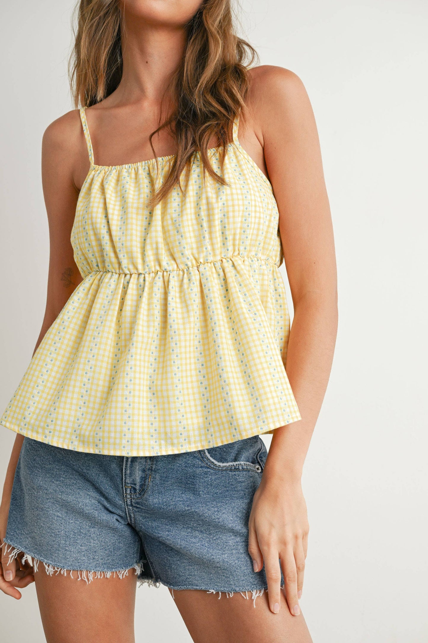 BUTTERMELON - Gingham Peplum Top - BMT7626: NAVY MULTI / M