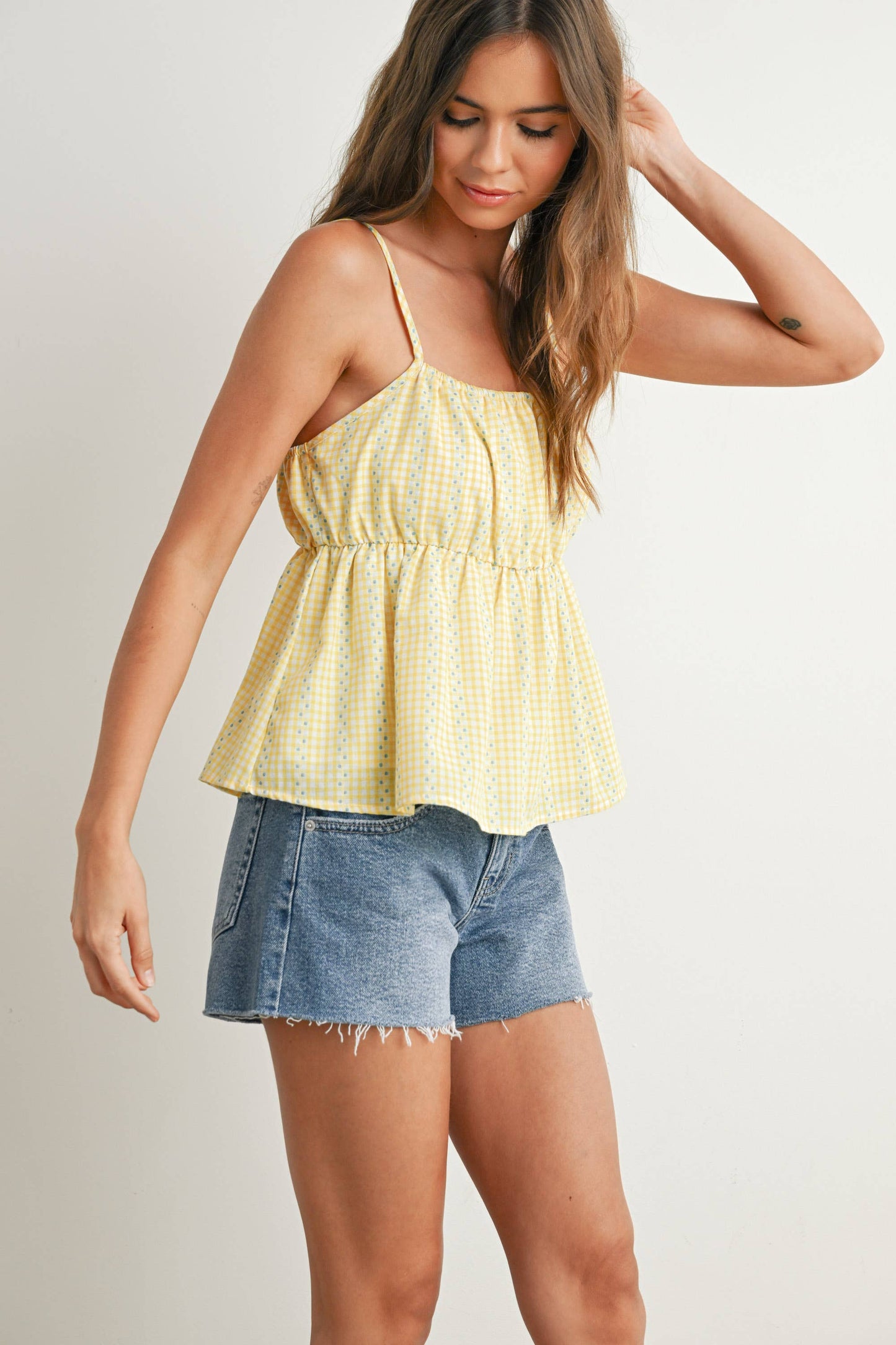 BUTTERMELON - Gingham Peplum Top - BMT7626: NAVY MULTI / M