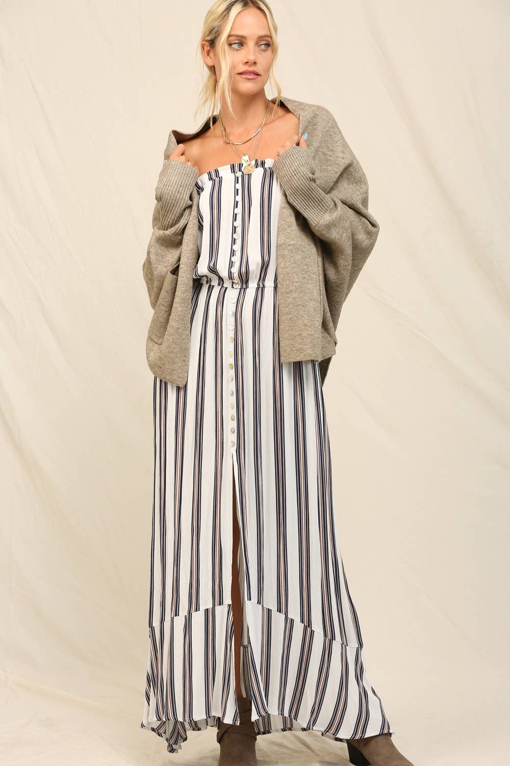 KyeMi - Summer 2025 Clean Vertical Stripes Maxi Dress: Off White / S