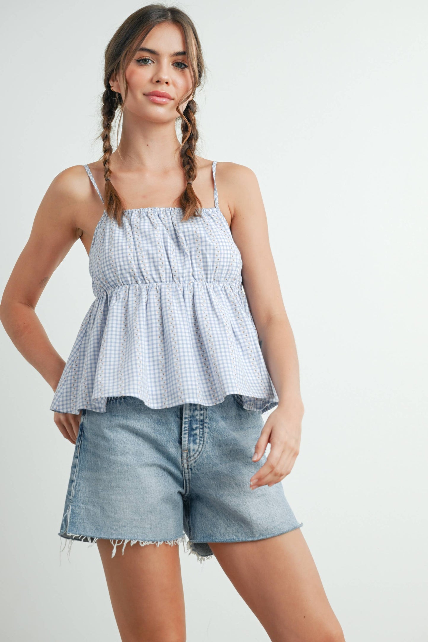BUTTERMELON - Gingham Peplum Top - BMT7626: NAVY MULTI / M