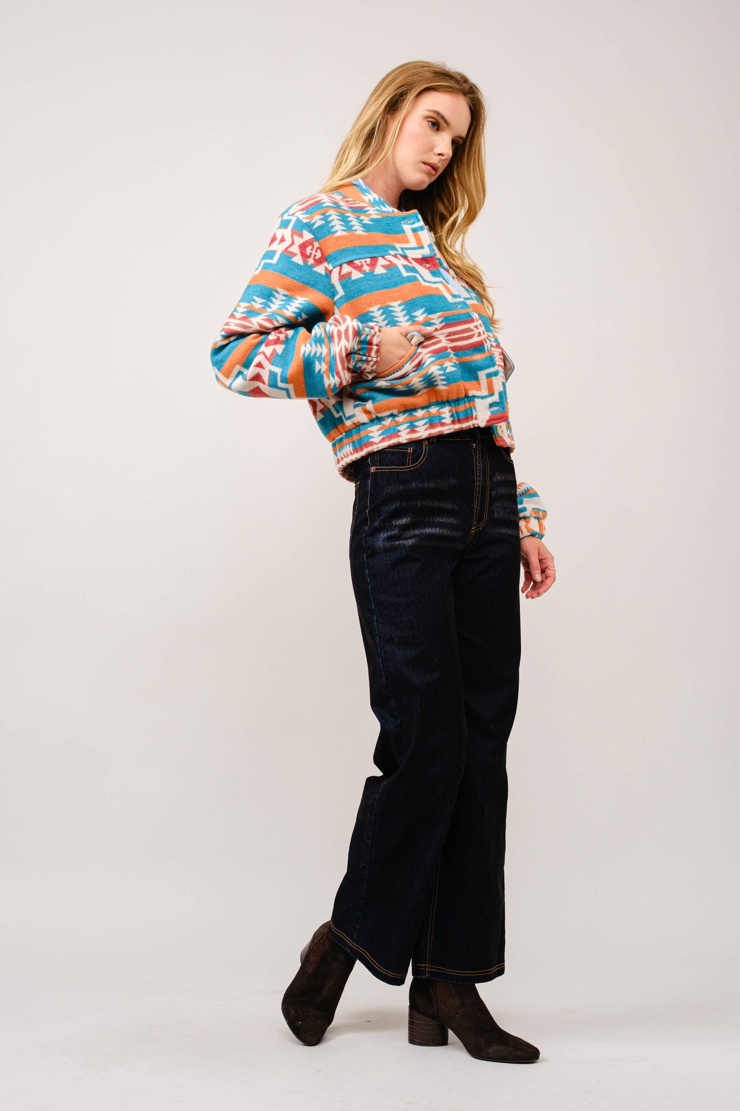 Blue B - 36333J - Jacquard Aztec Snap Up Bomber Jacket: TEAL / L