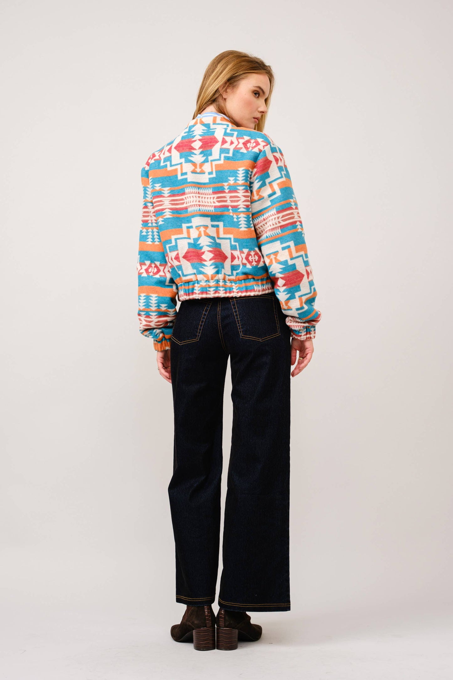 Blue B - 36333J - Jacquard Aztec Snap Up Bomber Jacket: TEAL / L