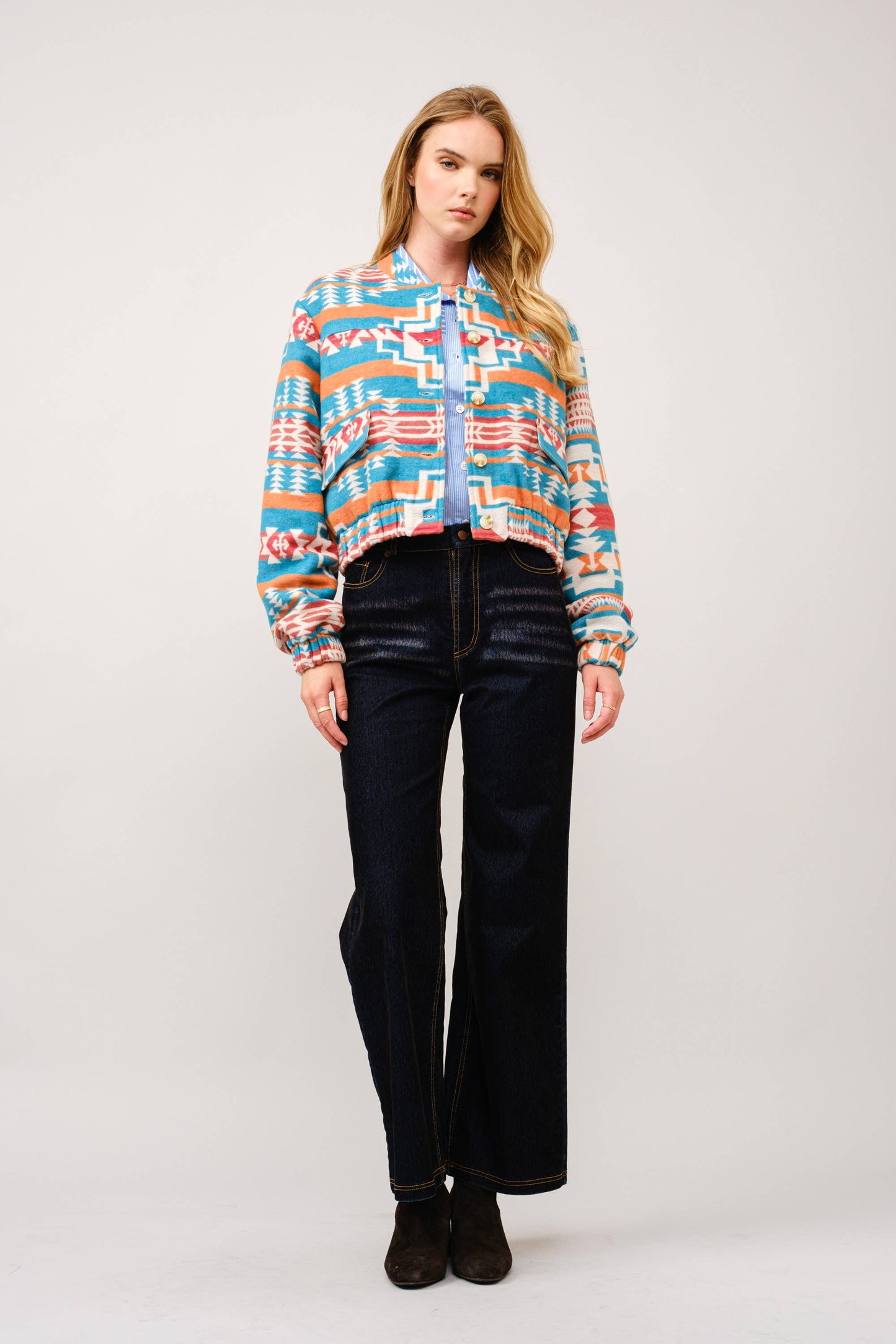 Blue B - 36333J - Jacquard Aztec Snap Up Bomber Jacket: TEAL / L