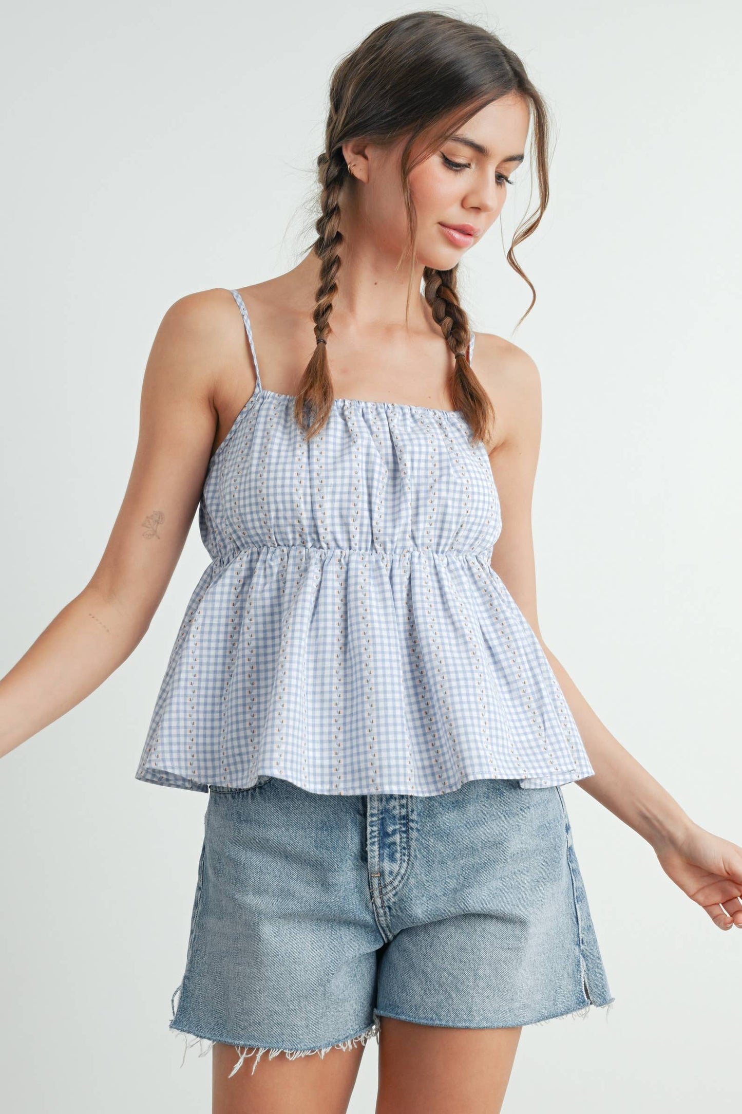 BUTTERMELON - Gingham Peplum Top - BMT7626: NAVY MULTI / M