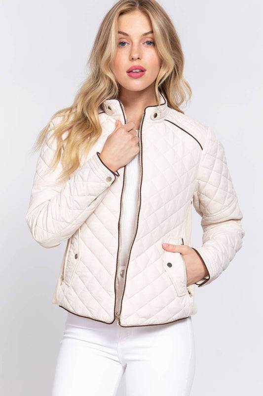 Suede Piping Detail Rib Quilted Padding Jacket