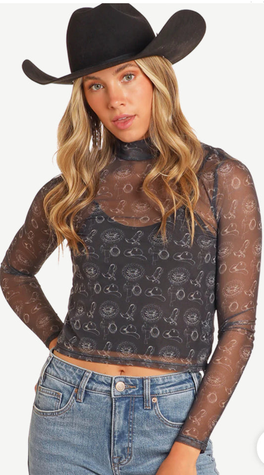 Western Desperado Print Mesh Top