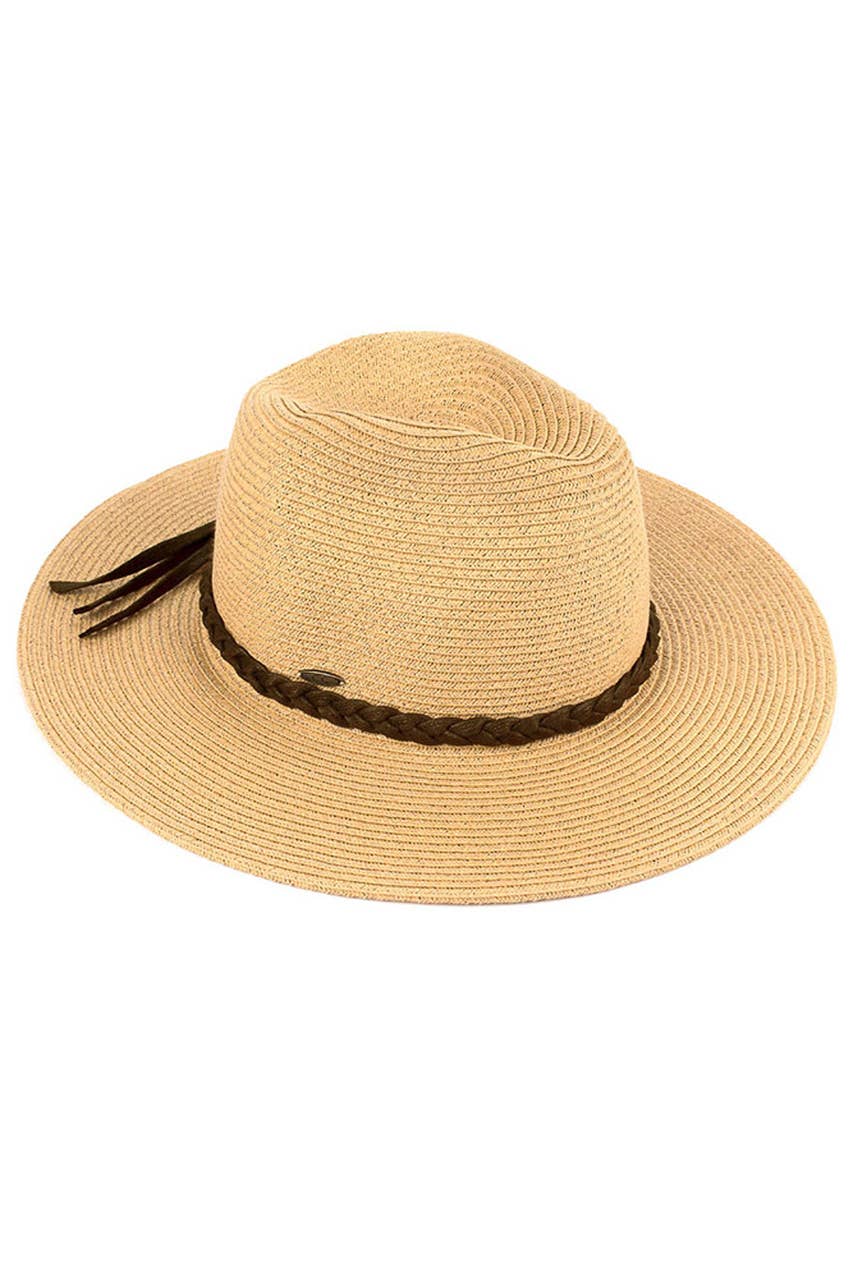 Hana - C.C Straw Panama Hat with Tied Ribbon: Coral/Beige