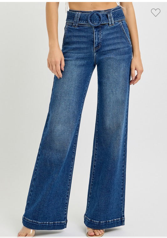 Tummy Control High Rise Wide Leg Self Belted Jeans