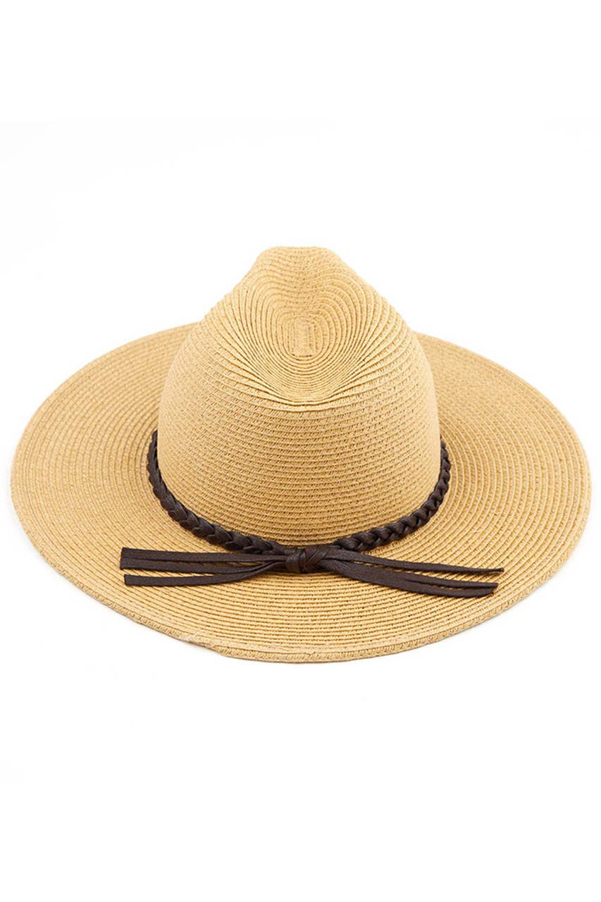 Hana - C.C Straw Panama Hat with Tied Ribbon: Coral/Beige
