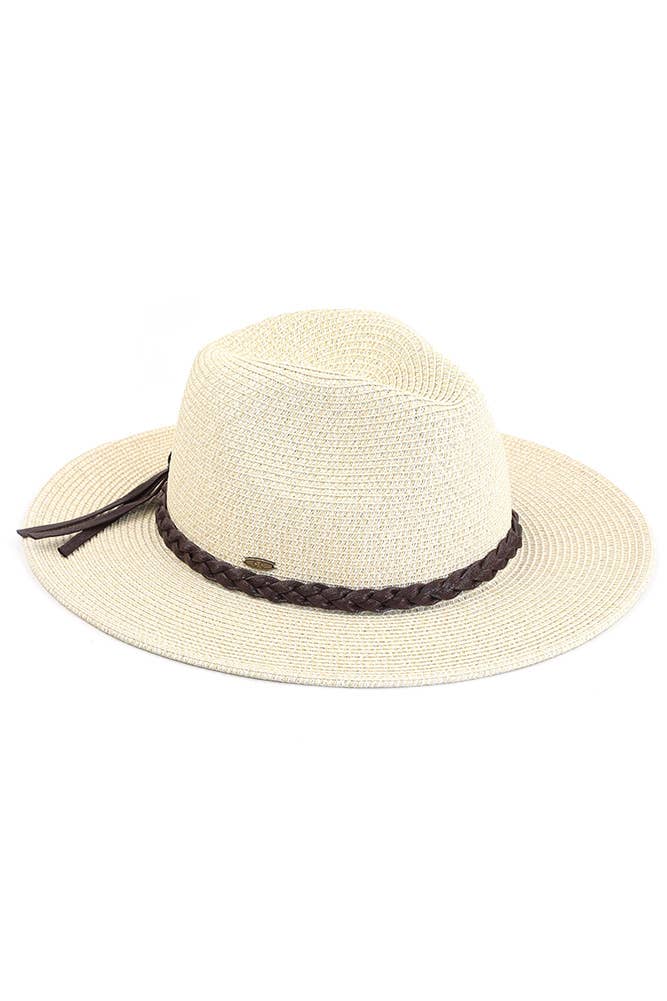 Hana - C.C Straw Panama Hat with Tied Ribbon: Coral/Beige