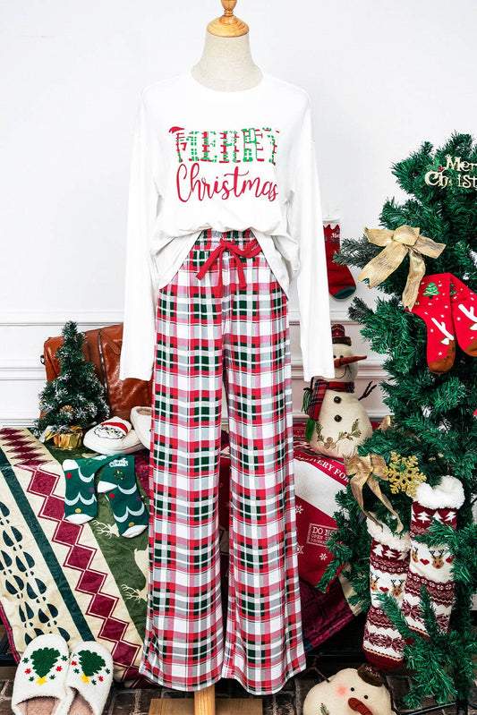 - Merry Christmas Pajamas Plaid Two Piece Lounge Set: