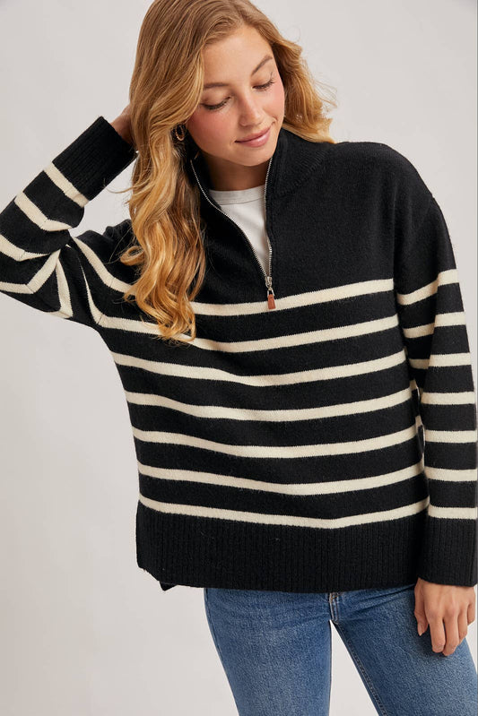 Bluivy - QUARTER ZIP UP STRIPE SWEATER PULLOVER: BLACK / S/M