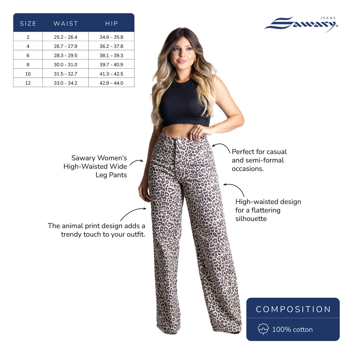 Sawary Women's High-Waisted Wide Leg Pants in Twill