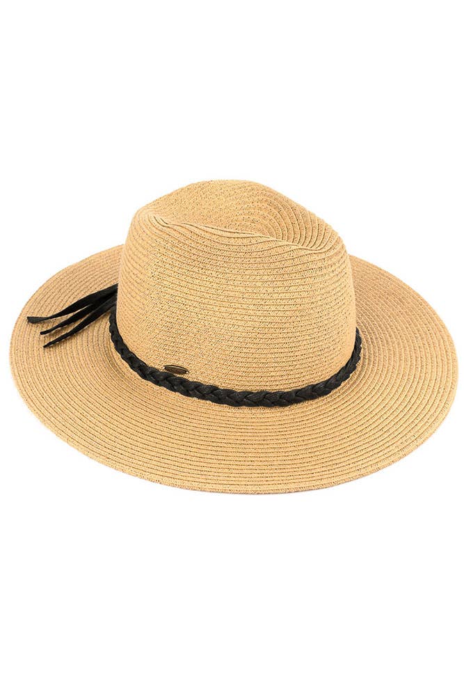 Hana - C.C Straw Panama Hat with Tied Ribbon: Coral/Beige