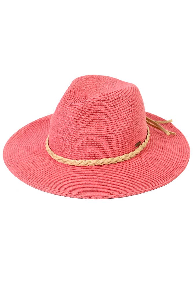 Hana - C.C Straw Panama Hat with Tied Ribbon: Coral/Beige